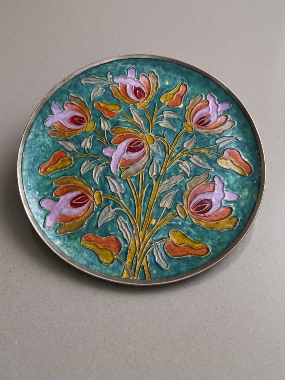Vintage India Metal Floral Wall Hanging Plate 12” Hand Painted Turquoise Boho